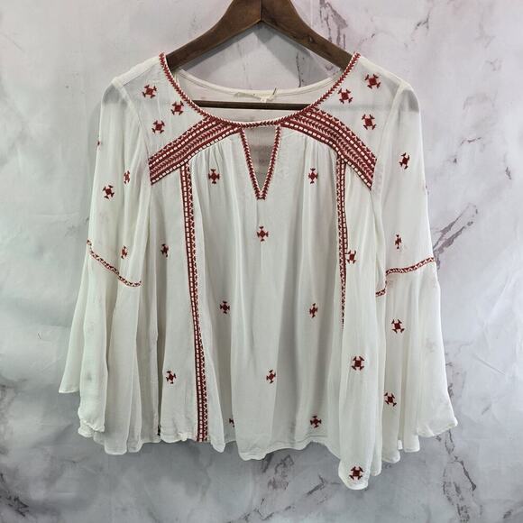 Anthropologie Shirt Womens Small 4 White Red Peasant Embroidered Adena Flared - Picture 1 of 12